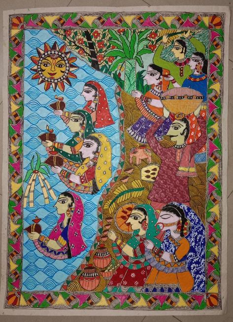 #mithilaart#folkart#folkartist#tradition#festival#bihar#india Madhubani Art Design Indian Paintings, Mithila Art, Chhat Puja Painting, Mithila Painting, Madhubani Paintings, Madhubani Paintings Traditional, Traditional Madhubani Art, Chhath Puja Madhubani Painting, Chath Puja Madhubani Painting