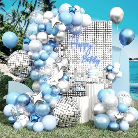 PRICES MAY VARY. ✨Coordinated Party Decorations: 22-inch Disco Foil Balloon x 2, 10-inch Four-Pointed Star Foil Balloon x 3, 5-inch Four-Pointed Star Foil Balloon (Silver x3, Dark Blue x3), 12-inch Balloon (Silver Confetti x6, White x8, Macaron Blue x5), 10-inch Balloon (Pearl Light Blue x10, Metallic Blue x8, Silver x8, Pearl White x8, Macaron Blue x5, Light Blue x8), 5 inch Balloons (Silver x5, Metallic Blue x5, Macaron Blue x5, White x5), 1 x Balloon Garland Strip, 2 x Rolled Balloon Glue Dot Blue Star Themed Party, Blue And Silver Balloon Garland, Blue Bday Party, Blue Party Themes, Blue Party Decorations, Disco Party Decorations, Color Celeste, Blue Birthday Parties, Silver Balloon