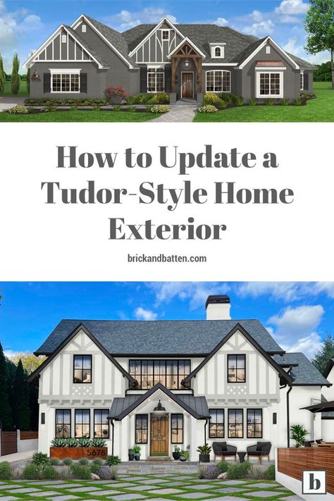 Tudor-style homes have a unique and specific type of architecture. For this reason, it can be intimidating to update their exteriors. Certain color palettes and finishings simply don’t work on a Tudor-style house. But there are ways to make Tudors feel modern without losing their character! This post will walk you through our favorite ways to refresh this type of home. #tudorstylehomes #tudorhouse #tudorhouseexterior English Tudor House Exterior, Tudor Revival House Exterior, Tudor Exterior Paint, Modern Tudor House Exterior, Modern English Tudor, Tutor Style Homes, Home Exterior Colors Schemes, Tudor House Exterior, English Tudor Homes