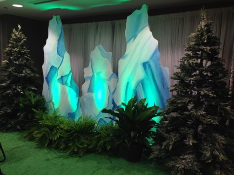 Mountain Photo Op  #FLeventdecor #themedprops #photoop Diy Mountain Stage Props, Alaska Vbs Decorations, Alaska Party Decorations, Northern Lights Party Decorations, Alaska Themed Party Ideas, Operation Arctic Vbs Decorations, Northern Lights Party, Alaskan Decor, Alaska Vbs