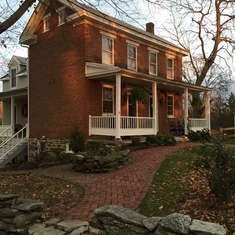 Gorgeous 1870 Brick Farmhouse Brick Federal Style House, Old Brick Farmhouse Exterior, Brick House Porch, Red Brick Farmhouse Exterior, House Front Porch Design, Old Brick Farmhouse, Houses With Front Porches, Red Brick Farmhouse, Brick Farmhouse Exterior