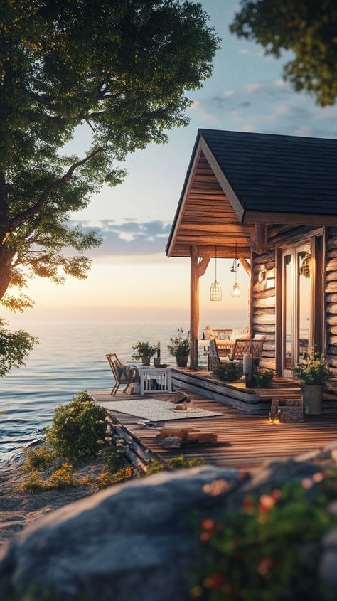 "Seaside View Cabin Deck" Seaside Cabin, Rustic Beach House, Cabin Deck, Beautiful Cabins, Concept Ideas, Getaway Cabins, On Beach, Coastal Living, Beach House