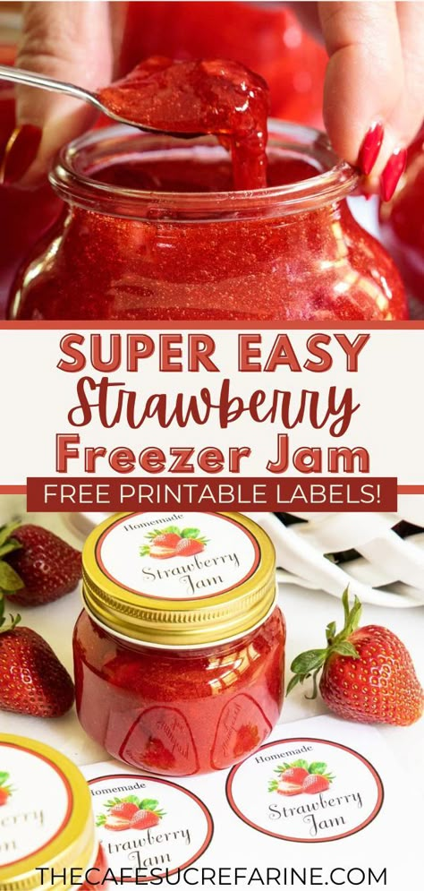 Try this Super Easy Strawberry Freezer Jam today! It’s incredibly simple to make and the perfect recipe for all the strawberries you’ll pick in strawberry season. You cannot fail at this easy jam and the result is so delicious! I also have some free printable labels for gift-giving too, so give this recipe a try! Easy Strawberry Freezer Jam, Strawberry Jelly Recipes, Making Strawberry Jam, Easy Strawberry Jam, Strawberry Freezer Jam, Easy Jam, Freezer Jam Recipes, Marmalade Recipe, Strawberry Jam Recipe