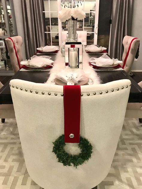 Dining Chair Christmas Wreath Diy Christmas Chair Decor, Chair Decorations Christmas, Christmas Dining Chair Decor, Wreaths On Back Of Chairs, Christmas Chair Decorations, Christmas Chair Decor, Chair Christmas Decor, Chair Wreaths, Tie Napkins