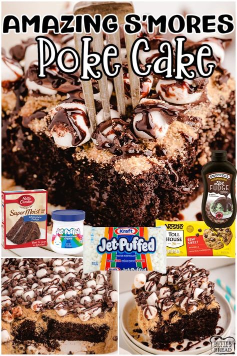 S'MORES POKE CAKE - Butter with a Side of Bread Smores Poke Cake Recipe, Easy S’mores Poke Cake, S’mores Poke Cake, Hot Cocoa Poke Cake, Smores Cakes, Chocolate Poke Cake Recipes, Simple Treats, Hot Fudge Topping, Easy Smores