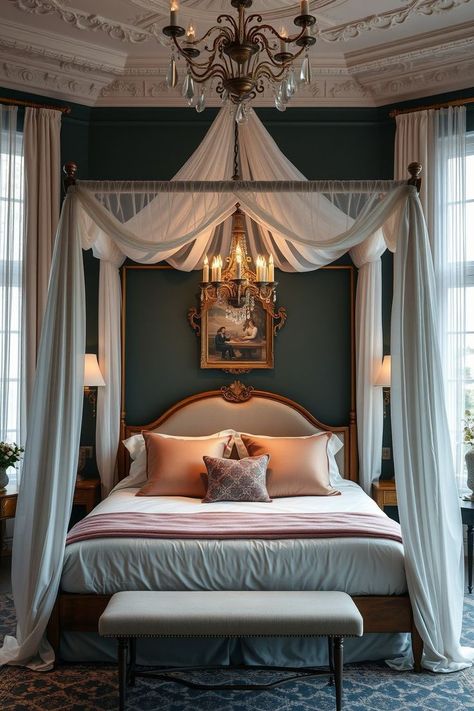 Four Poster Bed With Curtains, Canopy Bedroom Ideas, Curtains Around Bed, Double Bed Canopy, Canopy Bed Ideas, King Poster Bed, Bedroom Transformation, Dreamy Atmosphere, Bed Interior