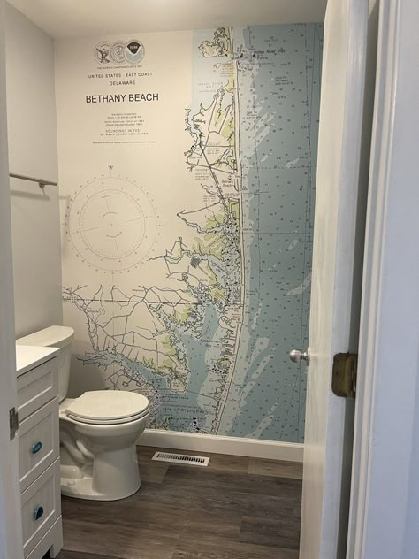 Bathroom Wallpaper Nautical, Nautical Mural, Chart Wallpaper, Coastal Powder Room, Coastal Bathroom Decor, Powder Room Remodel, Porthole Mirror, Powder Room Wallpaper, Coastal Wallpaper