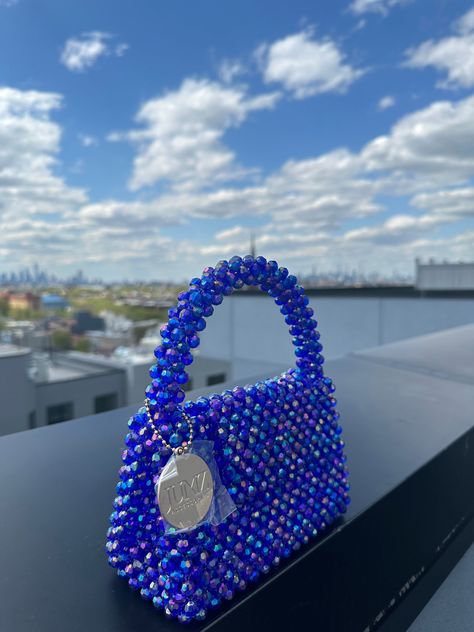 Luxury Beaded Top Handle Evening Bag, Luxury Handheld Beaded Evening Bag, Luxury Beaded Handheld Evening Bag, Elegant Blue Beaded Bag, Blue Beaded Evening Bag, Evening Blue Beaded Bag, Blue Beaded Shoulder Bag As Fashion Accessory, Blue Beaded Clutch Evening Bag, Glamorous Blue Evening Bag For Gift