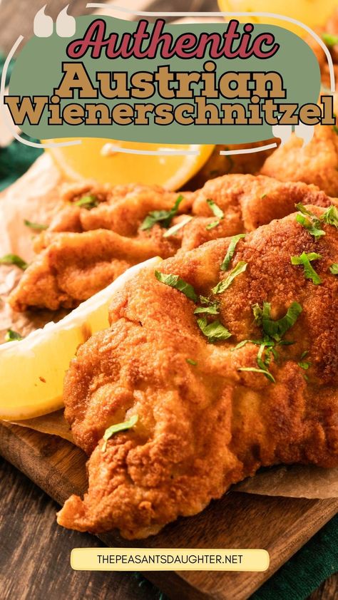 Crispy fried wiener schnitzel on platter. Austrian Food Traditional, Alsatian Recipes, Austrian Schnitzel, Chicken Snitzel Recipe, Switzerland Food, Schnitzel Recipe, Austrian Food, German Food Authentic, Schnitzel Recipes