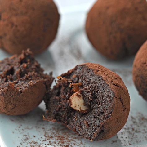 Salted Chocolate and Prune Truffles - Vegetarian Society Prune Recipes, Dairy Free Eggs, Salted Chocolate, Raw Cacao, Vegan Sweets, Online Food, Raw Vegan, Sweet Snacks, Nutritious Meals