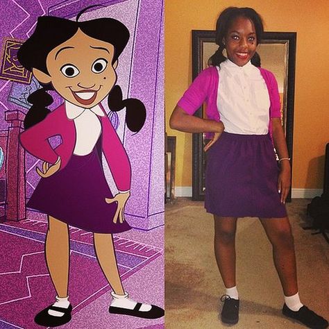 Bring back one of the Disney Channel's coolest characters in a classic white button-up, pink cardigan, and purple skirt.  Source: Instagram user socksnevermatch Penny Proud Costume, Character Day Ideas, Penny Proud, Tv Show Halloween Costumes, Cartoon Halloween Costumes, 90s Halloween Costumes, Disney Characters Costumes, Spirit Week Outfits, Homecoming Week