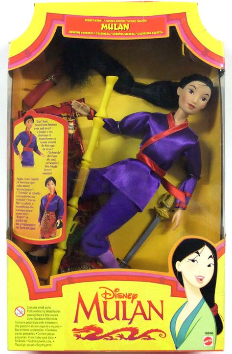 Mattel Mulan doll, 1998  OMG I had this one! When you pull the sword through the loop in her hair, it "cuts" it off like in the momvie! Mulan Party, 90s Dolls, Mulan Doll, Disney Princess Doll Collection, Disney Barbie, Disney Barbie Dolls, Right In The Childhood, Disney Mulan, Disney Doll