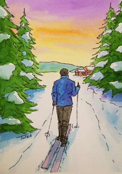 "Emerging From The Pines" watercolor painting by Sarah Tule  www.sarahtuleart.blogspot.com  #skiing #ski #winter #snow #watercolorpainting #watercolor #sunset Ski Art, Winter Watercolor, Christmas Card Art, The Pines, Winter Painting, Watercolor Art Lessons, Art Pens, Watercolor On Paper, Winter Art