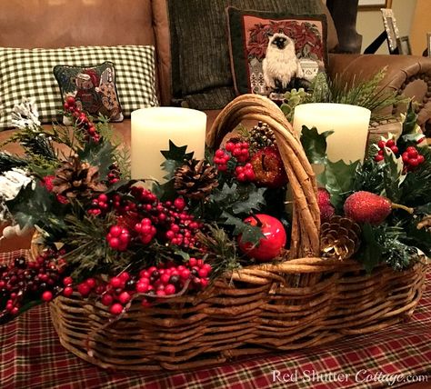 2017 Christmas Home Tour - Red Shutter Cottage Christmas Decor In Baskets, Christmas Basket Centerpiece Ideas, Christmas Basket Display, Christmas Floral Baskets, Christmas Decor With Baskets, Christmas Basket Arrangements, Wicker Basket Christmas Decor, Christmas Basket Decor Ideas, Christmas Basket Decoration Ideas