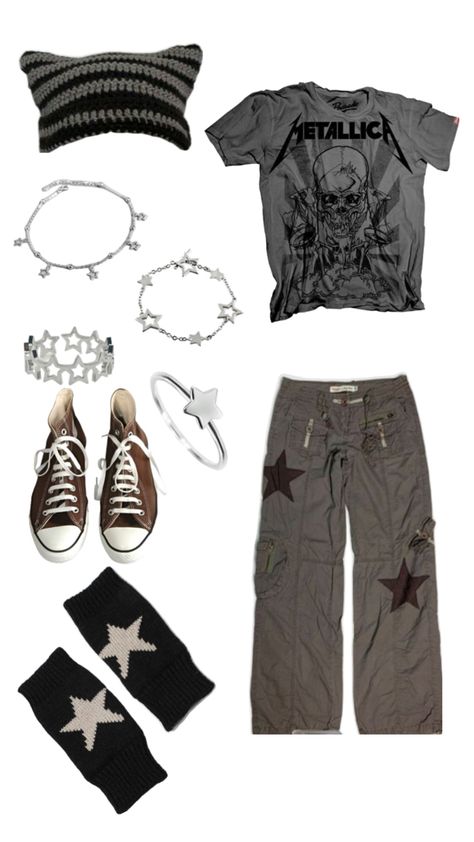 Autfit de Estrella  café , gris y negro 2000s Alt Fashion, Star Fits, Fire Clothes, Silly Guy, 90s Fashion Grunge, Future Clothes, Swaggy Outfits, Really Cute Outfits