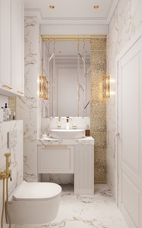 bathroom Golden Bathroom Ideas, White Gold Bathroom, Digital Interior Design, Golden Bathroom, Bespoke Bathroom, Modern Bathroom Remodel, Monochrome Interior, Affordable Interior Design, Classic Bathroom