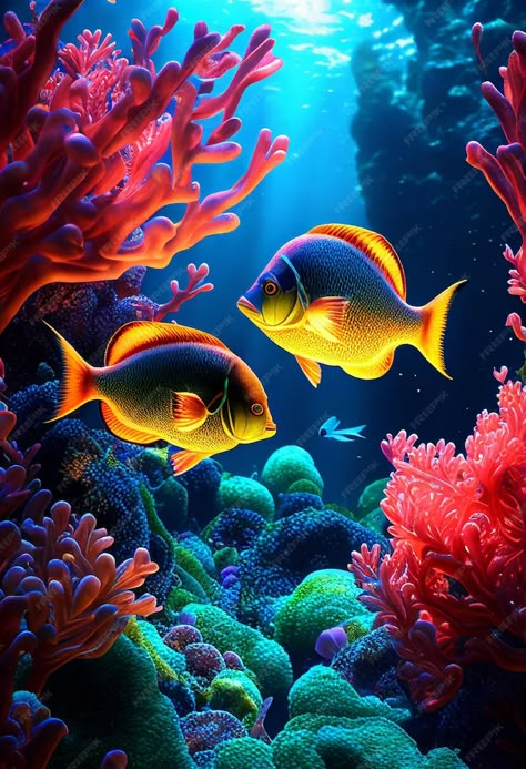 Récifs Coralliens Colorés Et Poissons Scène Du Monde Sous-marin Propre Créé Avec La Technologie Generative Ai | Photo Premium Undersea World, Big Waves, Arabesque, Sea Creatures, Under The Sea, Coral, Fish, Illustrations, Color