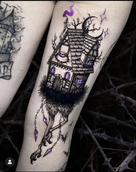 Witch House Tattoo, Baba Yaga Tattoo, Witch Legs, Baba Yaga, Home Tattoo, Halloween Tattoos, Witch House, Chicken Legs, Seoul Korea