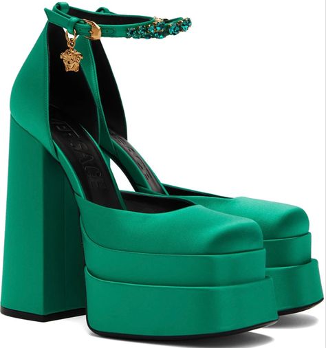 Versace Platform Heels, Medusa Aevitas Platform, Versace Heels, Fancy Heels, Dr Shoes, Cute Shoes Heels, Versace Shoes, Green Heels, Fancy Shoes