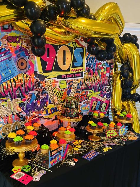 Freaknik 90s Party Theme, 90s Throwback Party Ideas, 90s House Party Theme Decorations, 90 Theme Birthday Party Ideas Decoration, 90s House Party Theme, Freaknik Party Ideas, Black And Gold 90s Party, 90s Birthday Party Theme Kids, 80s 90s Birthday Party Theme