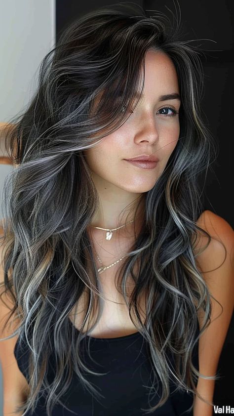 Silver Symphony: 25 Trendy Silver Hair Color Ideas for Your Stunning Look Black And Grey Balayage Hair, Black And Ash Highlights, Dark Hair Grey Streak, Grey Balayage Black Hair, Long Dark Hair With Gray Highlights, Subtle Gray Highlights On Dark Hair, Black Hair With Few Highlights, Silver Hair Brunette, Accent Hair Streak