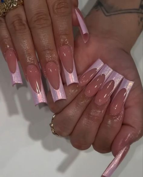 Pink Chrome French Tip Nails With Rhinestones, Long Pink Chrome Nails, Pink Metallic Acrylic Nails, Tapered Square Nail Ideas, Cotton Candy French Tip Nails, Pink Iridescent French Tip Nails, Pearl Chrome French Tip Nails, Light Pink Chrome Nails French Tip, Pearl Pink Nails Acrylic