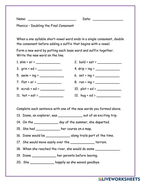 Double Consonants Worksheet, Suffix Worksheets 2nd Grade, Doubling Consonants Anchor Chart, Double Final Consonants Activities, Double The Consonant Rule, Suffixes Worksheets, Final Consonant Deletion, Groovy Classroom, Double Consonants