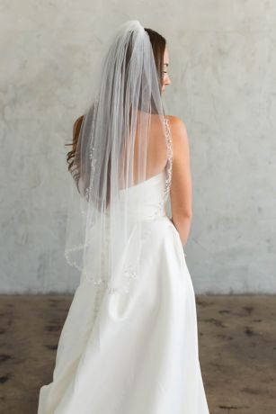 Crystal-Trimmed English Tulle Fingertip Veil | David's Bridal Veil Hair Down, Small Veil, Fingertip Length Veil, Lace Cathedral Veil, Bride Hair Pins, Fingertip Veil, Silver Hair Comb, Tulle Veil, Wedding Veil Accessories