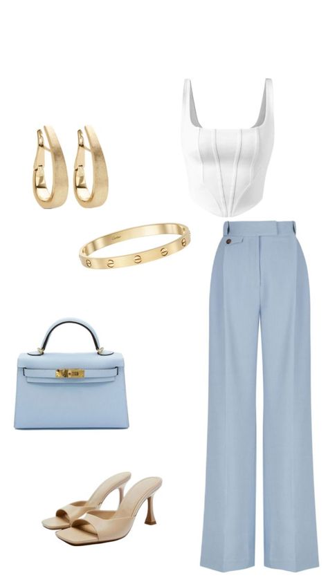 Blue Casual Outfits, White Corset Top, White Corset, Lunch Date, Chic And Elegant, Blue Trousers, Fashion Mistakes, Nude Heels, Classy Women