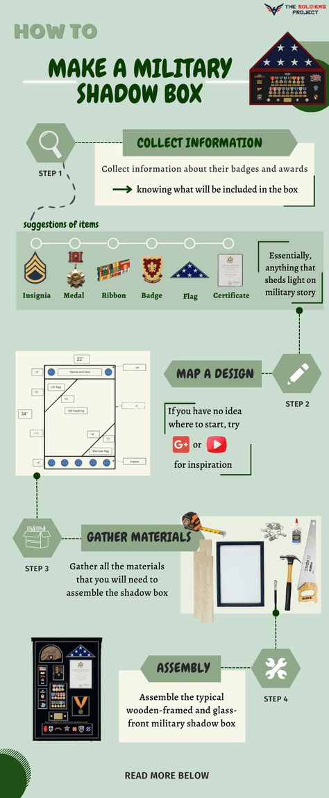 You will need to start by collecting information about what to put inside the box, map out your design, gather the necessary tools, and complete it by putting it all together. These are just the gist, but you can read on for detailed instructions. Make a beautiful military shadow box by continuing to scroll! Military Shadow Box Ideas Army, Military Shadow Box Ideas, Picture Arrangements On Wall, Military Box, Military Awards, Custom Shadow Box, Military Shadow Box, Military Pins, Picture Arrangements