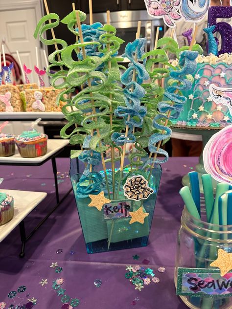 Mermaid Candy Table Ideas, Mermaid Birthday Candy Table, Mermaid Party Sweets Table, Mermaid Party Decorations Table, Little Mermaid Desert Table, Ocean Candy Bar, Ariel Birthday Party Treats, Diy Mermaid Table Decor, Mermaid Party Candy Table