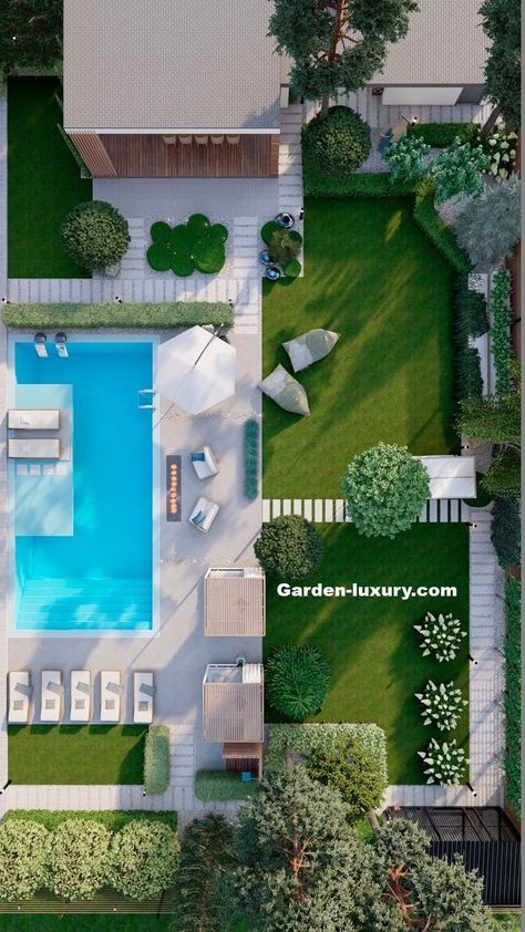 Villa Garden Design Landscaping, Modern Villa Garden, Villa Landscape Design, Garden With Swimming Pool, Landscape Villa, Moderne Pools, Patio Grande, Luxury Landscaping, Casas The Sims 4