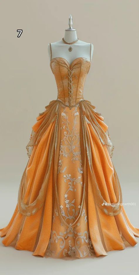 Orange Royal Dress, Orange Princess Aesthetic, Yellow Princess Gown, Orange Princess Dress, Vampire Dresses, Sun Gown, Orange Ball Gown, Orange Ball Dresses, Yule Ball Outfits