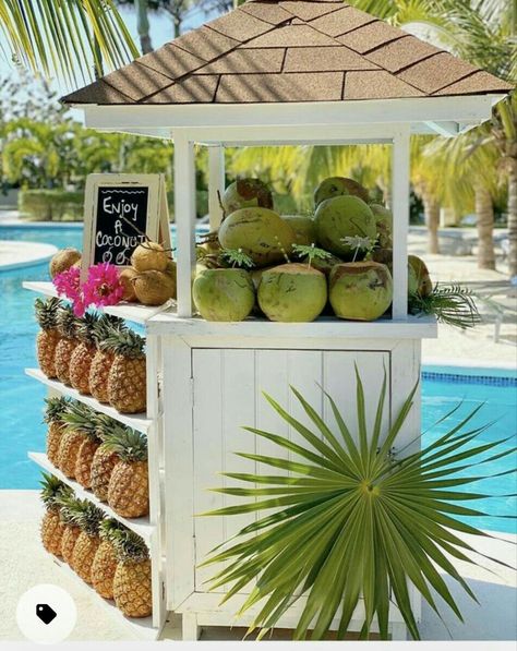 Bahamas Theme Party, Tropical Restaurant Design, Coconut Stand, Coconut Bar, Pool Side Bar, Fruit Stall, Starting A Restaurant, Pool Party Themes, Moana Themed Party