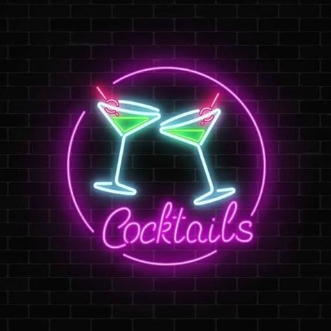 Neon Cocktails, Dark Brick Wall, Neon Stock, Cocktail Sign, Neon Bedroom, Restaurant Themes, Signage Signs, Neon Quotes, Neon Words