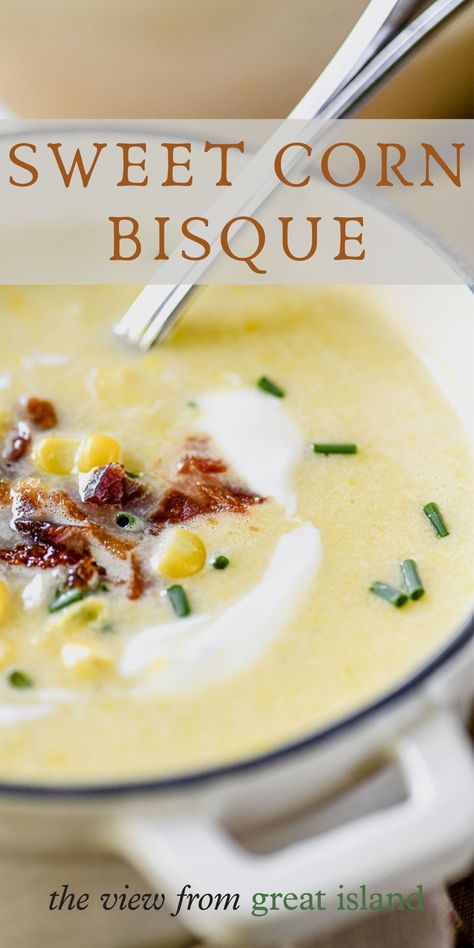 Sweet Corn Bisque Sweet Corn Bisque, Corn Bisque Soup, Mexican Corn Soup, Seasonal Soups, Creamy Sweet Corn, Corn Bisque, Corn Chowder Soup, Bisque Soup Recipes, Corn Soup Recipes