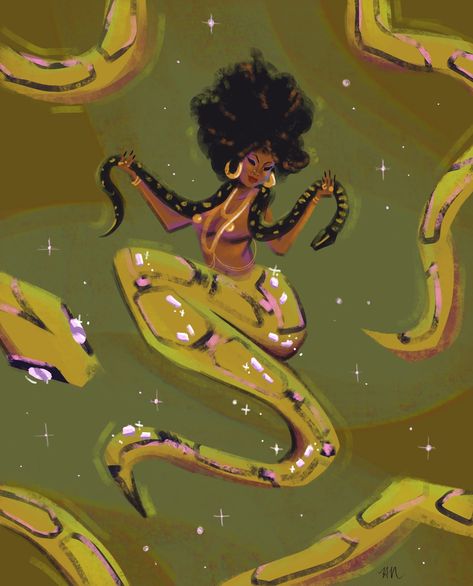 I know, i know we’re a week into #mermay and i haven’t done a post!! I’ve been working on my All Hail Fairytales illustrations and luckily we have a few mermaids in the book. This one is Mami Wata and she’s known to be a mermaid-esque figure with a snake tail who collects mirrors and combs and is a protector of mothers (in some stories) 🧜‍♀️ Black Tail Mermaid, Alligator Mermaid, Snake Priestess, Snake Mermaid, Mermaid Tail Designs, Mermaid Tail Art, Webbed Hands, Snake Tail, Mermaid Drawing