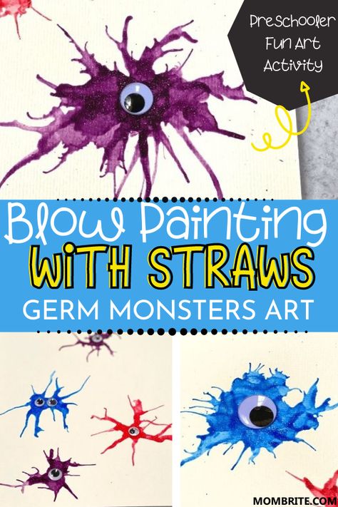 Germ Painting Preschool, Germ Blow Painting Art, Blow Paint Monsters Art, Exciting Activities For Preschool, Germs Crafts For Preschool, Preschool Straw Activities, Pretoddler Art Activities, Germ Preschool Crafts, Pre K Painting Activities