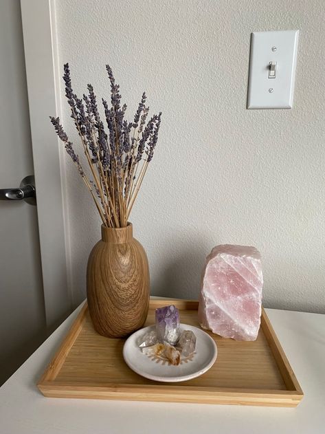 Desk With Crystals, Home Crystal Display, Ikea Ostbit, Crystal For Work Desk, Desk Crystals, Spiritual Desk, Crystals For Office Desk, Lavender Desk Aesthetic, Desk With Crystals And Plants