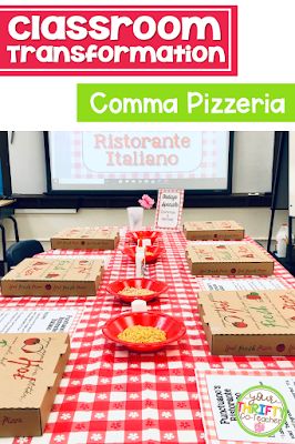 Restaurant Room Transformation, Pizza Classroom Theme, Restaurant Classroom Transformation, Pizzeria Classroom Transformation, Pizza Room Transformation, Pizza Classroom Transformation, Commas In A Series Activities, Commas Activities, Italian Classroom Decorations