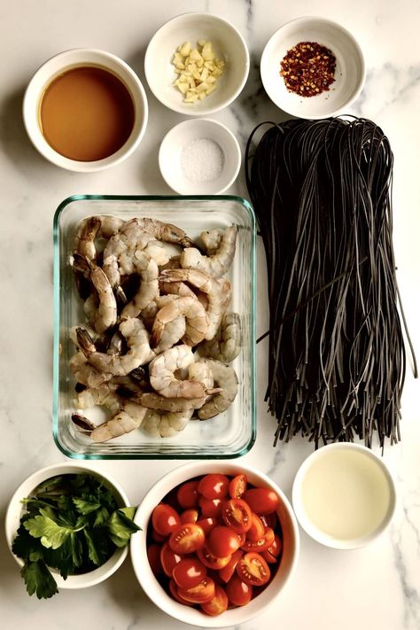 Squid Ink Pasta Recipe with Shrimp and Cherry Tomato Sauce - CucinaByElena Squid Ink Pasta With Shrimp, Squid Pasta Recipe, Squid Ink Pasta Recipe Sauces, Squid Ink Pasta Dishes, Squid Ink Pasta Recipe, Squid Pasta, Pasta Receipes, Squid Ink Spaghetti, White Wine Pasta Sauce