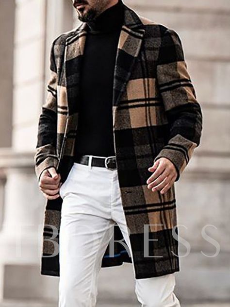 Mid-Length Notched Lapel Plaid Single-Breasted Men's Coat Mens Long Overcoat, Men's Trench Coat, Long Overcoat, Long Coat Jacket, Trench Coat Men, Plaid Coat, Mens Plaid, Long Sleeves Coats, Moda Vintage