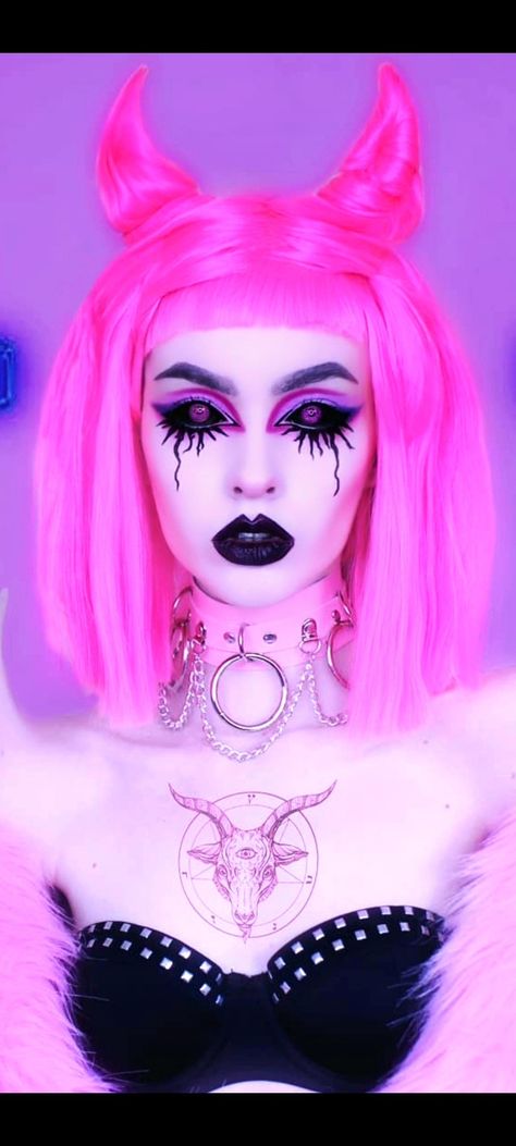 Pink Demon Costume, Pink Demon Makeup, Pink Witch Makeup, Goth Barbie Makeup, Pink Goth Makeup, Succubus Costume, Drag King Makeup, Pink Demon, Perky Goth