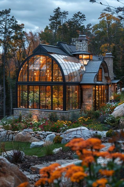 Greenhouse Next To House, Garden Atrium House, Green House Office Design, 2 Story Greenhouse, Greenhouse Office Space, Fancy Greenhouse, Mansion Greenhouse, Cottagecore Greenhouse, Solarium Kitchen