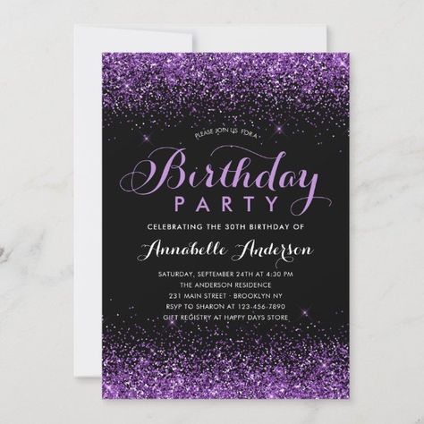 Purple Birthday Invitations, Cheap Birthday Party, Purple Party Decorations, Budget Birthday, Purple Invitations, 21st Birthday Invitations, Sparkle Party, Glitter Invitations, 30th Birthday Invitations