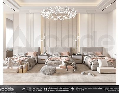 Bedroom With 3 Beds, Triple Beds, Dubai Bedroom Interior Design, Om Ali, Triple Bedroom, Villa In Dubai, Bedroom Tv Wall, Modern Guest Bedroom, Luxury Kids Bedroom