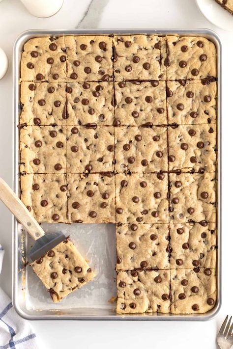 Sheet Pan Chocolate Chip Cookie Bars by The BakerMama Bar Cookies Recipes For A Crowd Sheet Pan, Easy Sheet Pan Desserts, Chocolate Chip Sheet Pan Cookies, Chocolate Chip Cookie Sheet Pan, Cookie Bars 8x8 Pan, Sheet Pan Cookies, Sheet Cookies, Chocolate Chip Bars 8x8 Pan, Cookie Sheet Pan