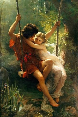 size: 18x12in Art Print: Springtime / Le Printemps by Pierre-Auguste Cot : Academic French artist Pierre-Auguste Cot (1837 - 1833) was famous for creating lushly romantic, sensual artworks. He is celebrated for his historical and mythological paintings, particularly "Le Printemps" ("Springtime") and "The Storm," which are still exceptionally popular today. Cot was also highly in-demand to paint portraits for Paris’ aristocrats. He studied under several illustrious artists at L’Ecole des Beaux-Ar