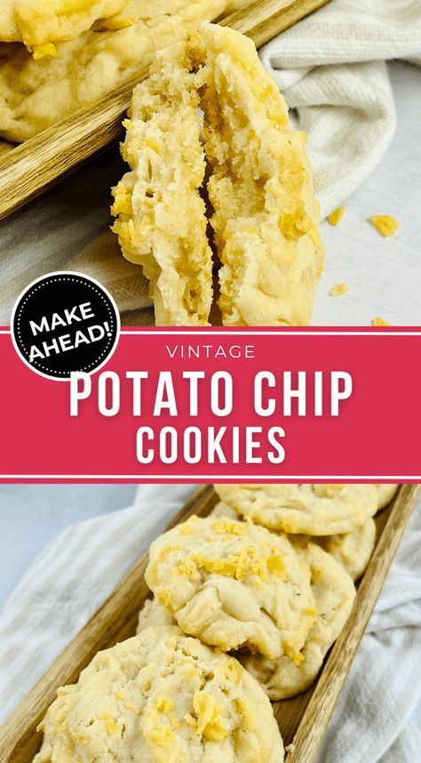 These Vintage Potato Chip Cookies are super easy to make and are the perfect combination of sweet and salty! Best Potato Chips, Potato Cookies, Ruffles Potato Chips, Potato Chip Cookies, Holiday Cookie Exchange, Potato Chip, Cookie Exchange, Shortbread Cookies, Potato Chips