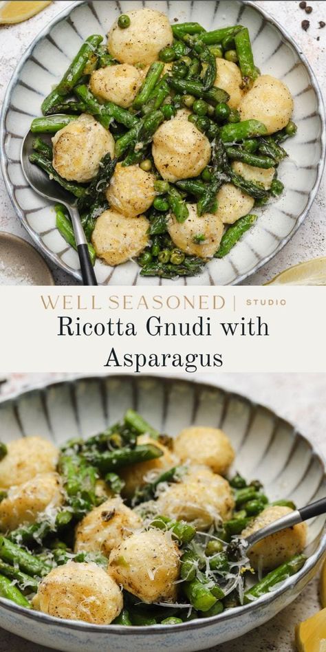 Soft pillowy Ricotta Gnudi are delicate ricotta dumplings that melt in your mouth. Serve them in a browned butter sauce with lots of fresh spring vegetables like asparagus and English peas, then top with lemon zest and freshly grated Parmesan cheese. An elegant, impressive dinner! #wellseasonedstudio #gnudi #ricotta #asparagus #springrecipe Gnudi Ricotta, Ricotta Gnudi Recipe, Ricotta Asparagus, Gnudi Recipe, Browned Butter Sauce, Pasta Handmade, Ricotta Gnudi, Ricotta Dumplings, Canada Recipes